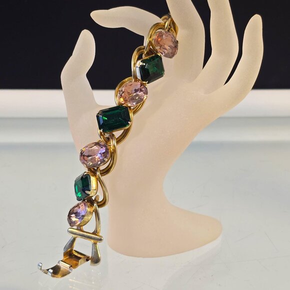 Mid-Century Clamper Bracelet Vintage Rhinestone Green Pink - Picture 1 of 9